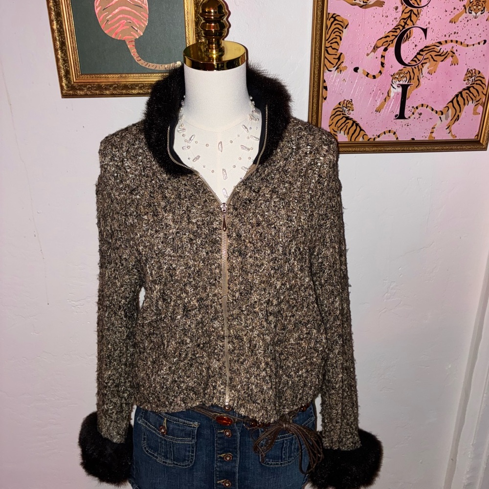 MCNY Brown Tweed Jacket with Black Faux Fur